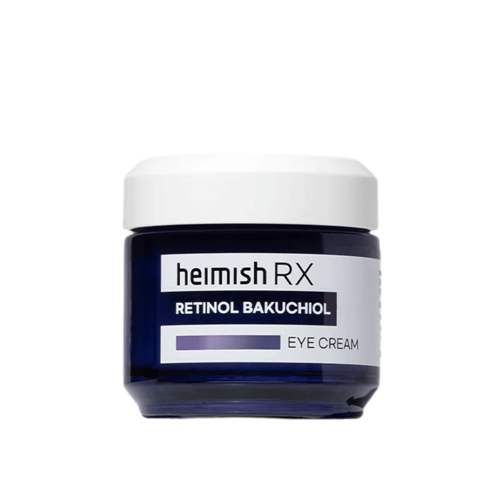 Heimish RX Retinol Bakuchiol Eye Cream σε ένα σκούρο μπλε δοχείο με λευκό καπάκι. Μια κρέμα ματιών εμπλουτισμένη με ρετινόλη και μπακουχιόλη για πιο λεία και σφριγηλή επιδερμίδα γύρω από τα μάτια.