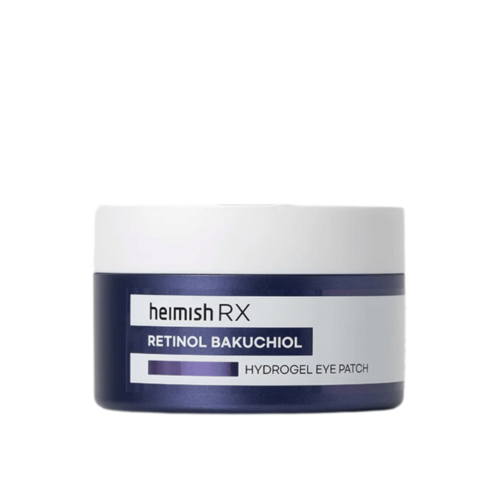 Heimish RX Retinol Bakuchiol Hydrogel Eye Patch σε ένα σκούρο μπλε βάζο με λευκό καπάκι. Εντατικά ενυδατικές και συσφικτικές επιθέματα ματιών για μια πιο νεανική εμφάνιση.