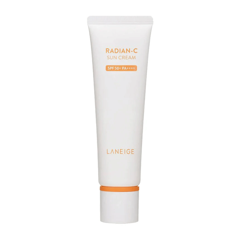LANEIGE Radian-C Sun Cream SPF 50+ PA++++ σε λευκό σωληνάριο με πορτοκαλί κείμενο, απομονωμένο σε λευκό φόντο.