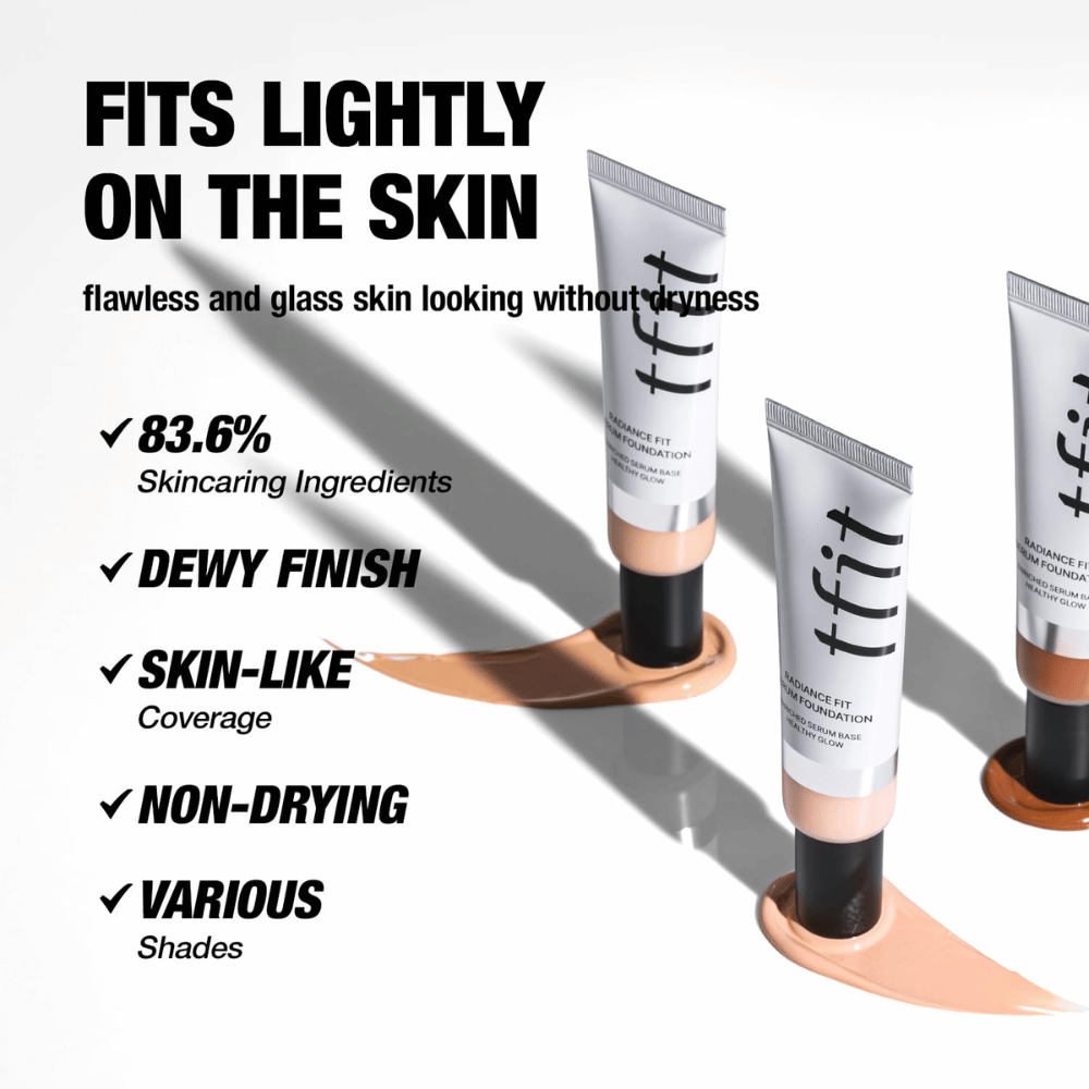 Σωλήνες από TFIT Radiance Fit Serum Foundation τοποθετημένοι πάνω σε κρέμα βάσης με κείμενο που αναδεικνύει τις ιδιότητες του προϊόντος, συμπεριλαμβανομένων ενυδατικών συστατικών, δροσερού φινιρίσματος και κάλυψης που μοιάζει με δέρμα.