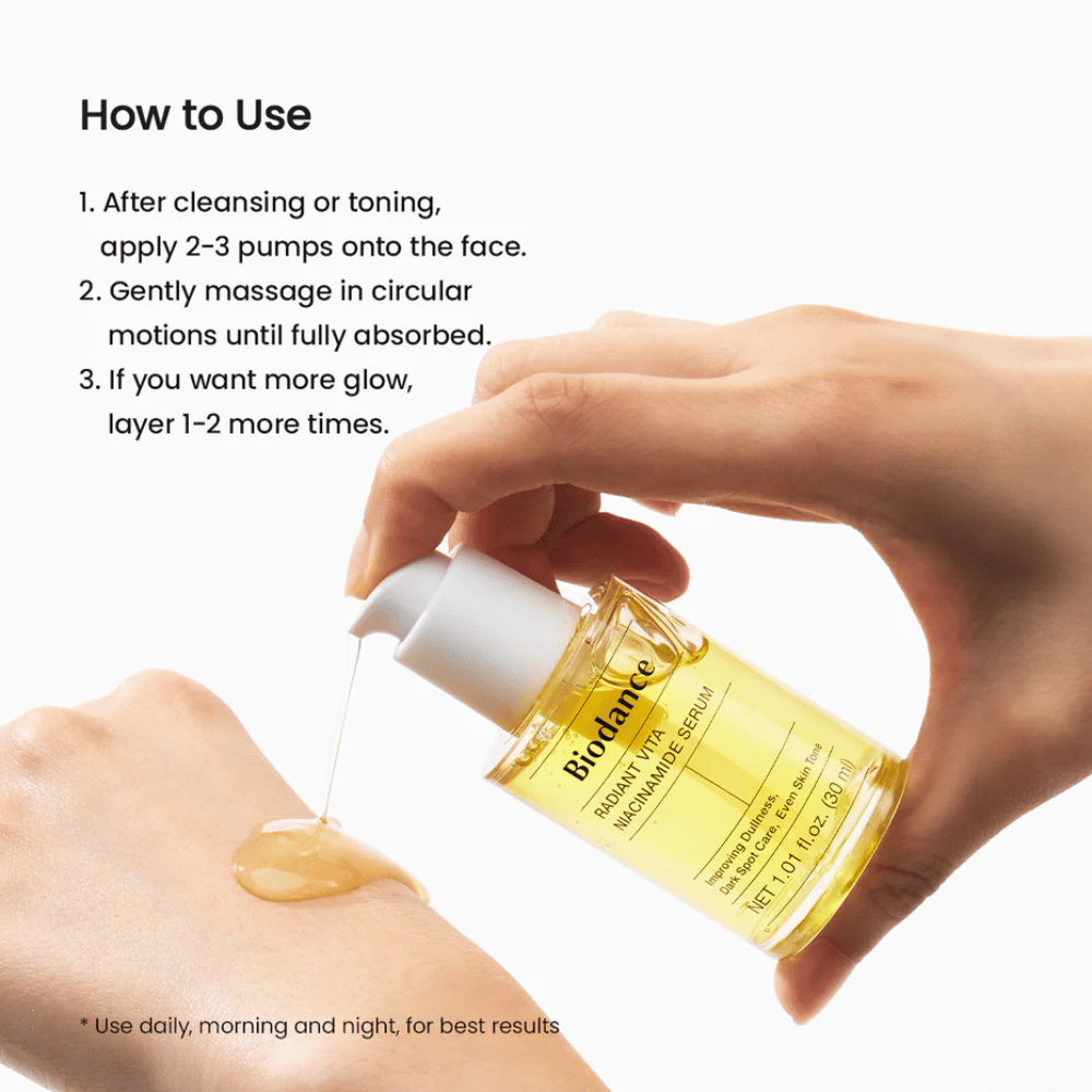 Biodance Radiant Vita Niacinamide Serum εφαρμόζεται στο χέρι – πώς να χρησιμοποιήσετε τον ορό μετά τον καθαρισμό για πιο ομοιόμορφο τόνο δέρματος και λάμψη