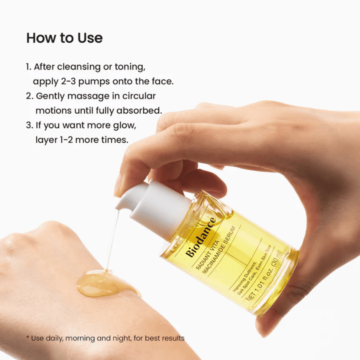 Biodance Radiant Vita Niacinamide Serum εφαρμόζεται στο χέρι – πώς να χρησιμοποιήσετε τον ορό μετά τον καθαρισμό για πιο ομοιόμορφο τόνο δέρματος και λάμψη