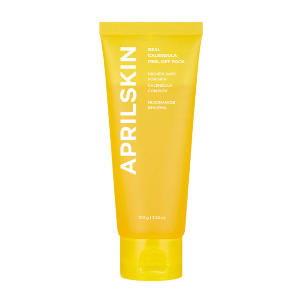 Η εικόνα δείχνει ένα κίτρινο σωλήνα με "Real Calendula Peel Off Pack" από APRILSKIN. Το προϊόν περιέχει συστατικά όπως καλέντουλα, νιασιναμίδη, καθώς και BHA και PHA για να απολεπίζει απαλά το δέρμα.