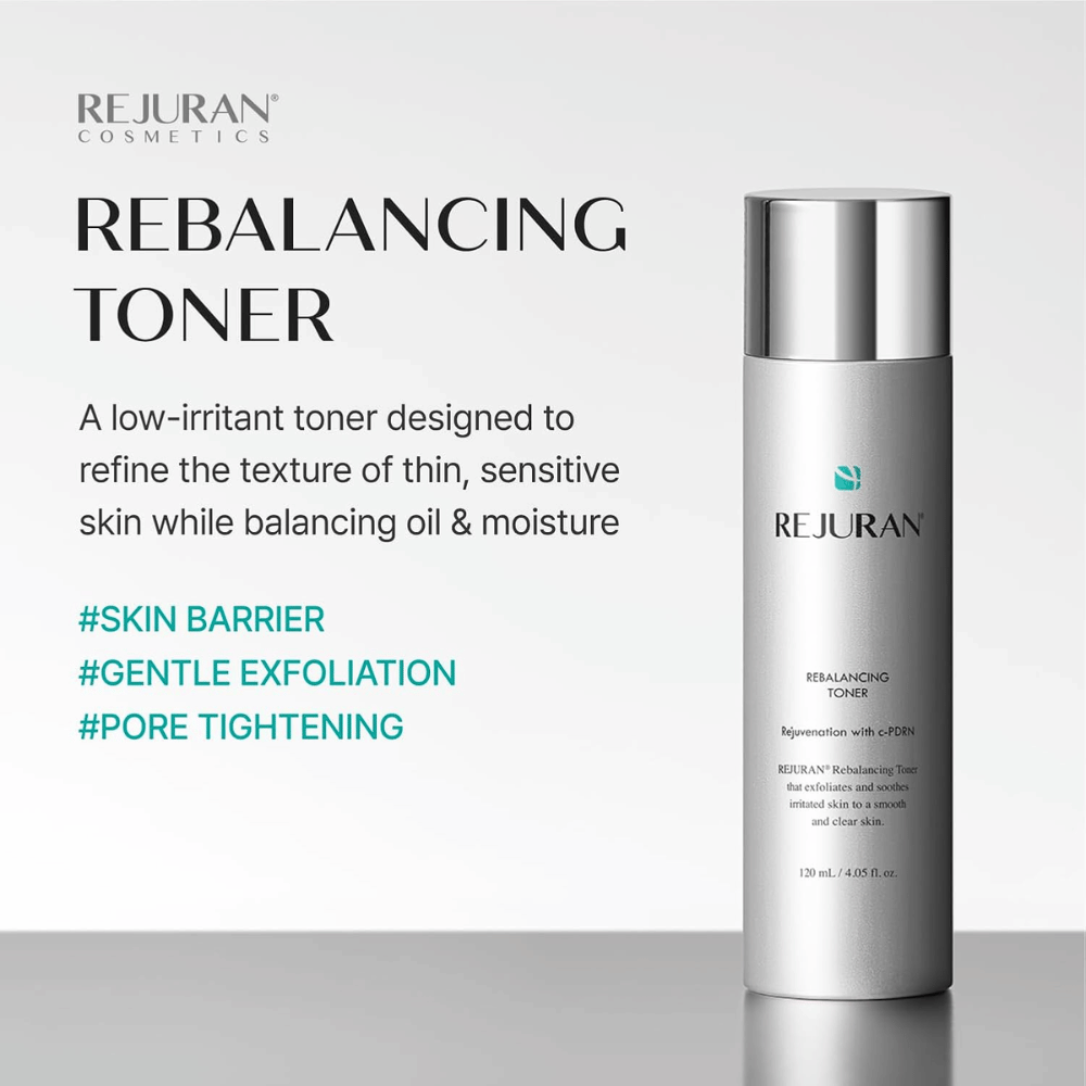 Rejuran Rebalancing Toner 120 ml, ήπια απολεπιστική τονωτική λοσιόν προσώπου με C-PDRN για ευαίσθητο δέρμα. Ασημί μπουκάλι με τα οφέλη του προϊόντος.