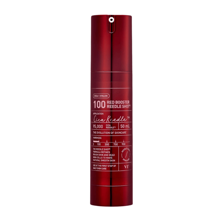 VT Cosmetics Red Booster Reedle Shot 100 ορός microneedling σε κόκκινο μπουκάλι σε λευκό φόντο, 50 ml, αναπτυγμένος για απολέπιση, ανανέωση δέρματος και βελτιωμένη απορρόφηση στη ρουτίνα περιποίησης δέρματος.