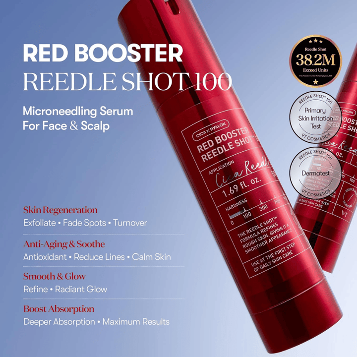 VT Cosmetics Red Booster Reedle Shot 100 ορός microneedling για πρόσωπο και τριχωτό της κεφαλής, σχεδιασμένος για ανανέωση δέρματος, αυξημένη απορρόφηση, αντιγηραντική δράση, ομοιόμορφο τόνο δέρματος και φυσική λάμψη.