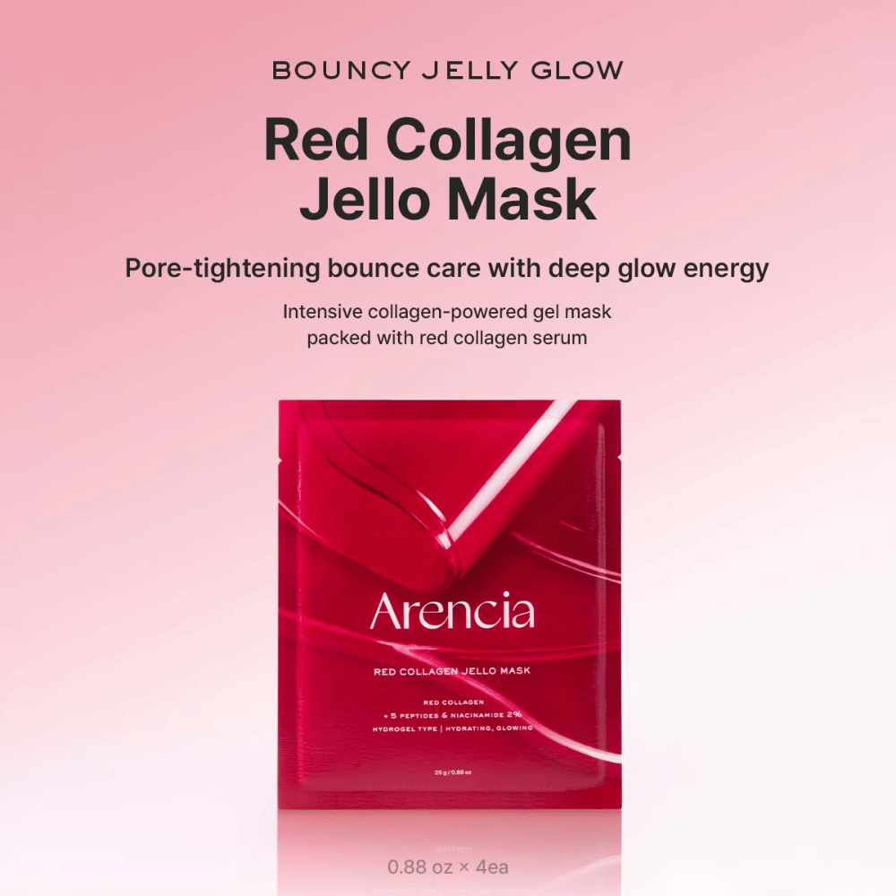 Arencia Red Collagen Jello Mask σε αρχική συσκευασία - κορεάτικη υδρογέλη μάσκα με κόκκινο κολλαγόνο και πεπτίδια για φουσκωτό, ενυδατωμένο και λαμπερό δέρμα.