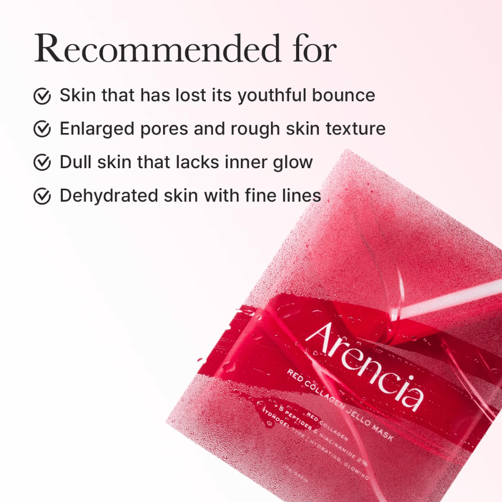 Arencia Red Collagen Jello Mask συνιστάται για κουρασμένο δέρμα, διευρυμένους πόρους, ανώμαλη δομή δέρματος και αφυδατωμένο δέρμα με λεπτές γραμμές.
