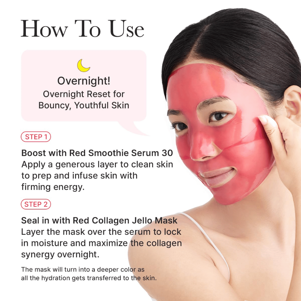 Οδηγός χρήσης για Arencia Red Collagen Jello Mask ως νυχτερινή μάσκα - εφαρμόζεται μετά τον ορό για να προσφέρει σφριγηλότητα, βαθιά ενυδάτωση και νεανικό δέρμα όλη τη νύχτα.