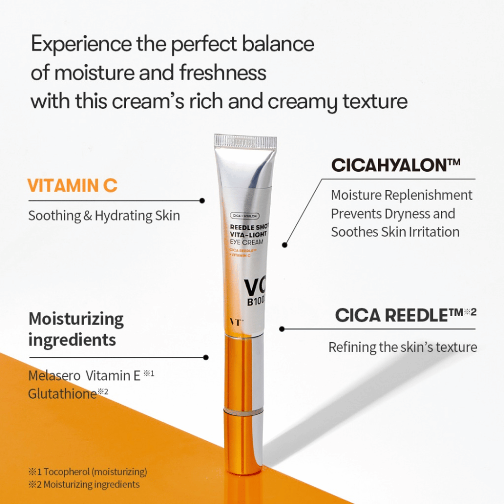 VT Reedle Shot Vita-Light Eye Cream με βιταμίνη C, E και CICA-σύμπλεγμα – κρέμα ματιών σε μεταλλικό σωληνάριο που ενυδατώνει, καταπραΰνει και βελτιώνει τη δομή του δέρματος.