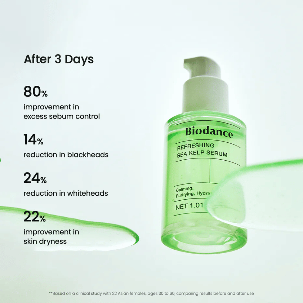 Αποτελέσματα μετά από 3 ημέρες με Biodance Sea Kelp Serum – μειωμένη παραγωγή σμήγματος και μειωμένοι πόροι.
