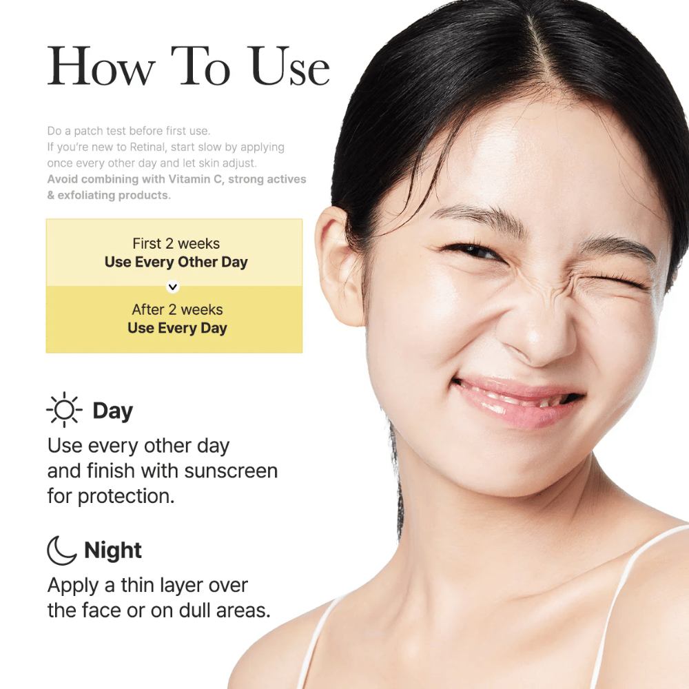 Εικόνα οδηγίας για Arencia Retinal Booster Shot με συνιστώμενη χρήση κάθε δεύτερη μέρα τις πρώτες δύο εβδομάδες και στη συνέχεια καθημερινά, καθημερινή και νυχτερινή ρουτίνα για ρετιναλ.