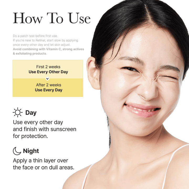 Εικόνα οδηγίας για Arencia Retinal Booster Shot με συνιστώμενη χρήση κάθε δεύτερη μέρα τις πρώτες δύο εβδομάδες και στη συνέχεια καθημερινά, καθημερινή και νυχτερινή ρουτίνα για ρετιναλ.