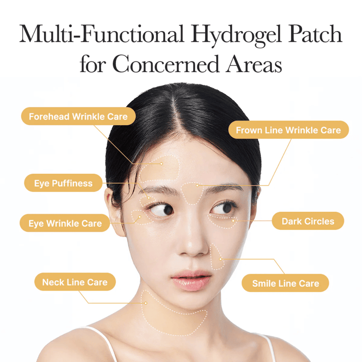 Ενημερωτική εικόνα που δείχνει πώς τα hydrogel patches μπορούν να χρησιμοποιηθούν σε πολλές περιοχές του προσώπου, όπως κάτω από τα μάτια, στο μέτωπο, ανάμεσα στα φρύδια, γύρω από το στόμα και στον λαιμό, για να βοηθήσουν κατά των λεπτών γραμμών, των μαύρων κύκλων και του πρηξίματος.