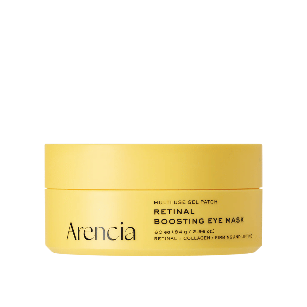 Καθαρή εικόνα προϊόντος του Arencia Retinal Boosting Eye Mask σε κίτρινη συσκευασία με μινιμαλιστικό σχεδιασμό και έμφαση στη συσφιγκτική και ενυδατική φροντίδα των ματιών.