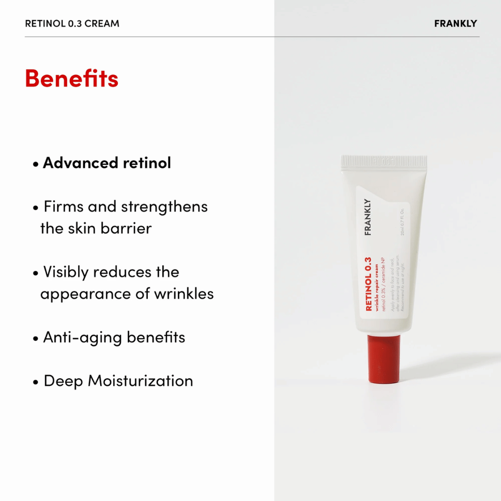 Εικόνα προϊόντος του FRANKLY Retinol 0.3 Cream με καταγεγραμμένα οφέλη: προχωρημένη ρετινόλη, ενισχύει το φραγμό του δέρματος και ενυδατώνει σε βάθος.