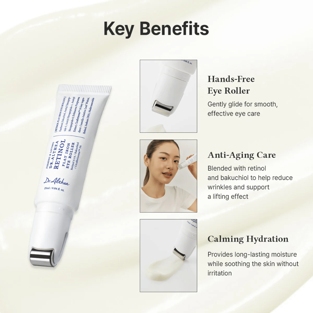Dr. Althea Retinol Flat Iron Eye Roller με μεταλλικό ρόλερ για δροσιστικό αποτέλεσμα, αντιγηραντικές ιδιότητες και μακράς διάρκειας ενυδάτωση χωρίς ερεθισμούς.