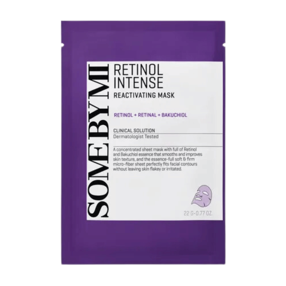 Η εικόνα δείχνει μια συσκευασία του "Retinol Intense Reactivating Mask", ένα προϊόν περιποίησης δέρματος που περιέχει ρετινόλη, ρετινάλη και μπακουχιόλη. Η μάσκα έχει δοκιμαστεί δερματολογικά.