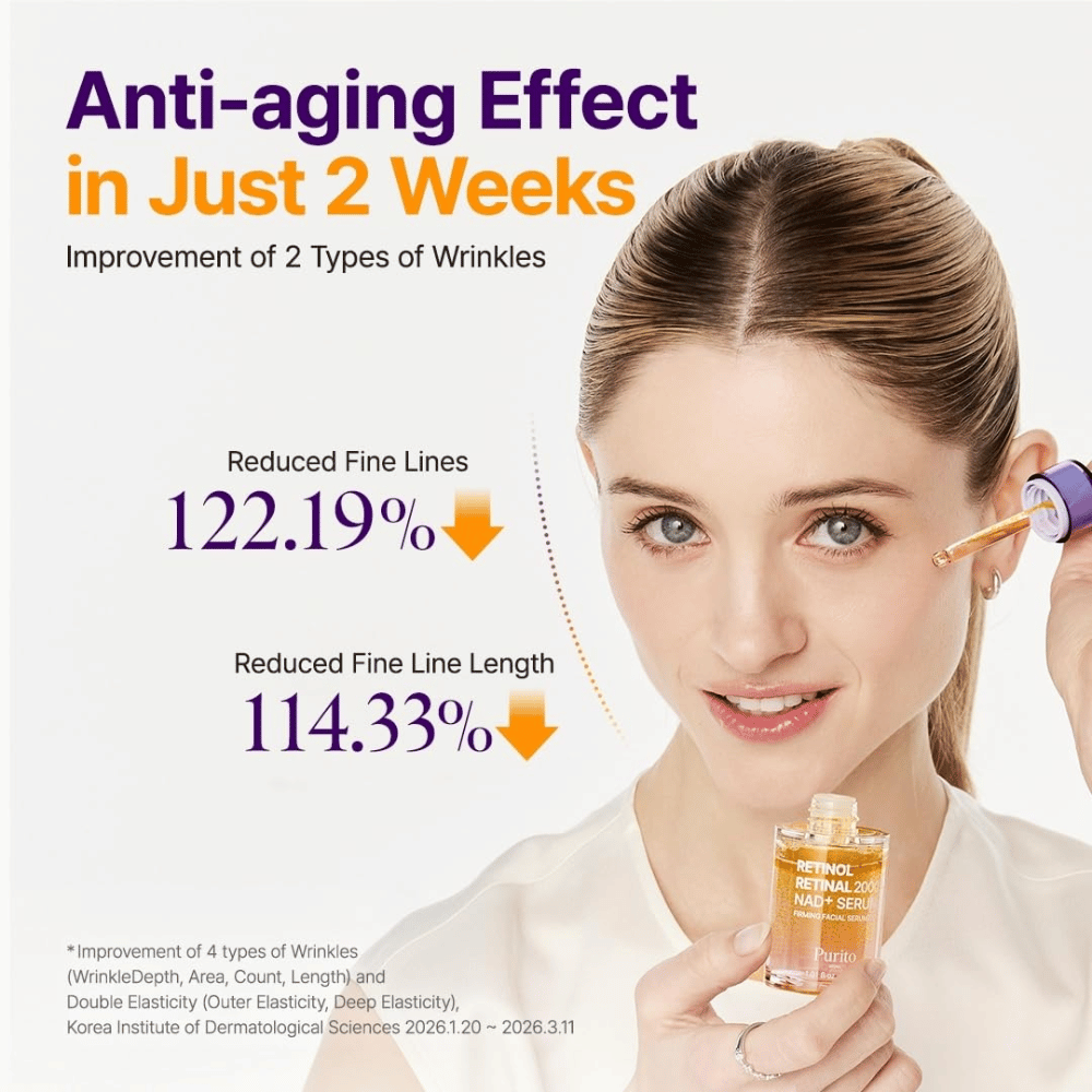 PURITO SEOUL Retinol Retinal 2000 NAD+ Serum – κορεατικός αντιγηραντικός ορός σχεδιασμένος για να μειώνει την ορατότητα των λεπτών γραμμών και των ρυτίδων.