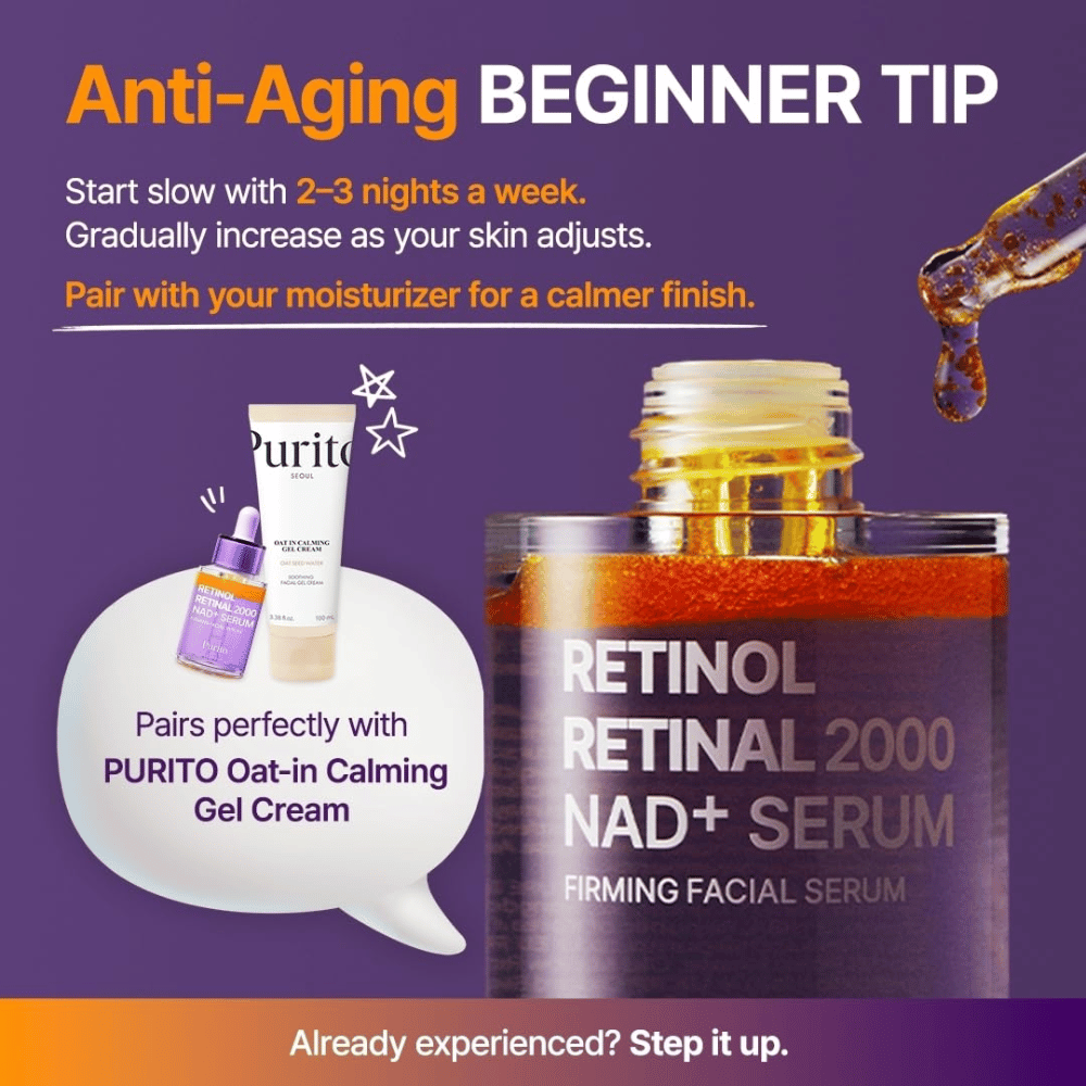 PURITO SEOUL Retinol Retinal 2000 NAD+ Serum – ξεκινήστε να χρησιμοποιείτε τον ορό 2–3 βράδια την εβδομάδα και συνδυάστε τον κατά προτίμηση με ενυδατική κρέμα.