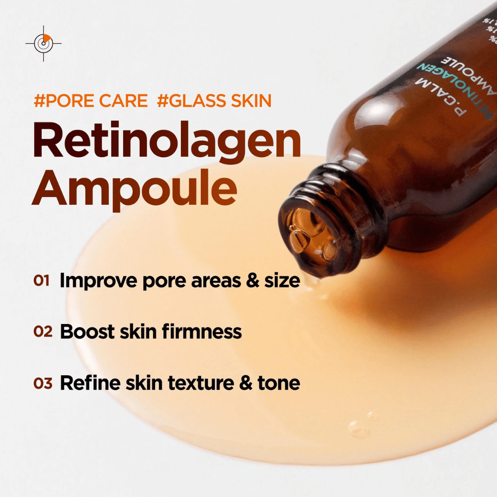 Διαφημιστική εικόνα για το P.CALM Retinolagen Ampoule με ορό που ρέει από το μπουκάλι πάνω σε μια χρυσή υφή ορού. Η εικόνα αναδεικνύει οφέλη όπως βελτιωμένη όψη των πόρων, αυξημένη σφριγηλότητα της επιδερμίδας και πιο ομοιόμορφο τόνο δέρματος.
