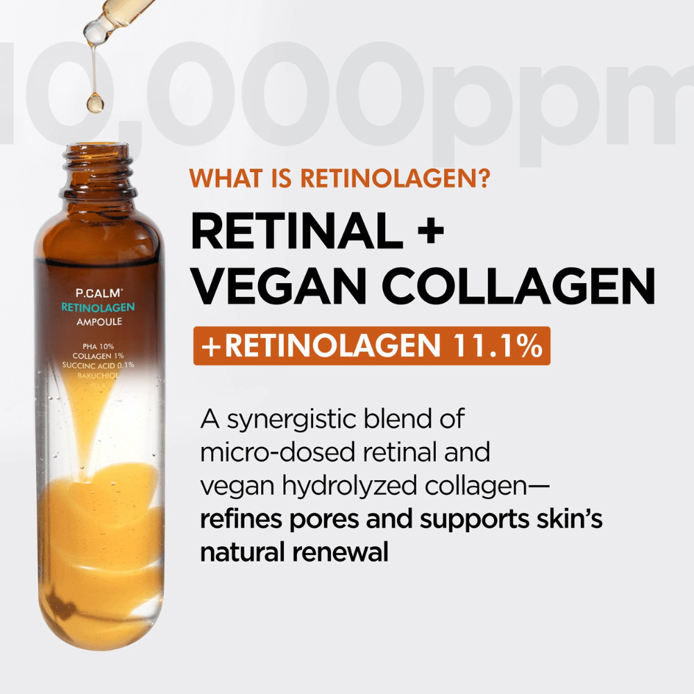 Εικόνα προϊόντος του P.CALM Retinolagen Ampoule μαζί με πληροφορίες για το «Retinolagen», έναν συνδυασμό retinal και vegan κολλαγόνου. Η εικόνα τονίζει την ανανέωση της επιδερμίδας, τη βελτιωμένη υφή του δέρματος και τη βελτίωση της όψης των πόρων.