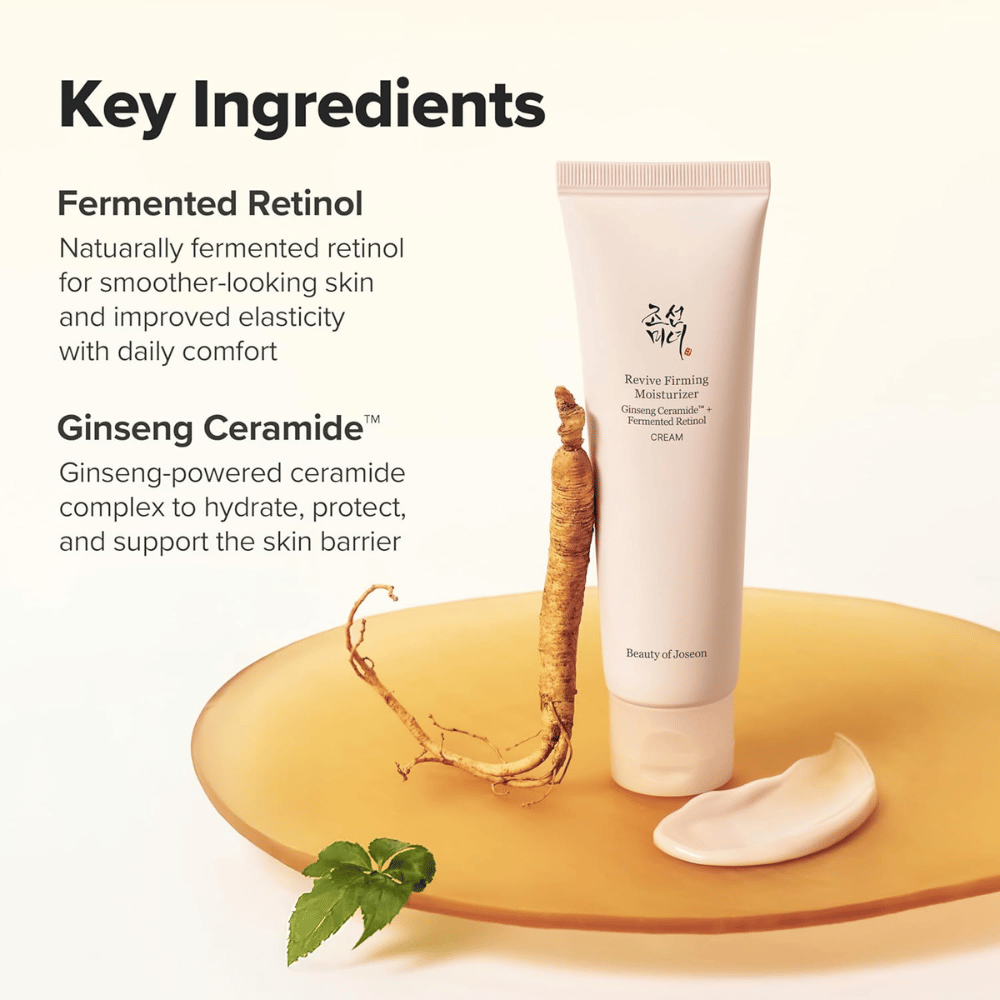 Εικόνα – συστατικά (SEO + EEAT)
Beauty of Joseon Revive Firming Moisturizer με ceramide ginseng και ζυμωμένη ρετινόλη που ενισχύουν τον επιδερμικό φραγμό και βελτιώνουν την ελαστικότητα της επιδερμίδας.
