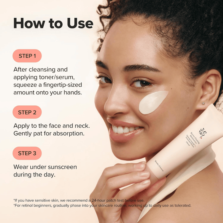 Εικόνα – τρόπος χρήσης / εφαρμογή
Beauty of Joseon Revive Firming Moisturizer εφαρμόζεται στο πρόσωπο μετά τον καθαρισμό, ενυδατώνει την επιδερμίδα και βελτιώνει την ελαστικότητα με ρετινόλη.