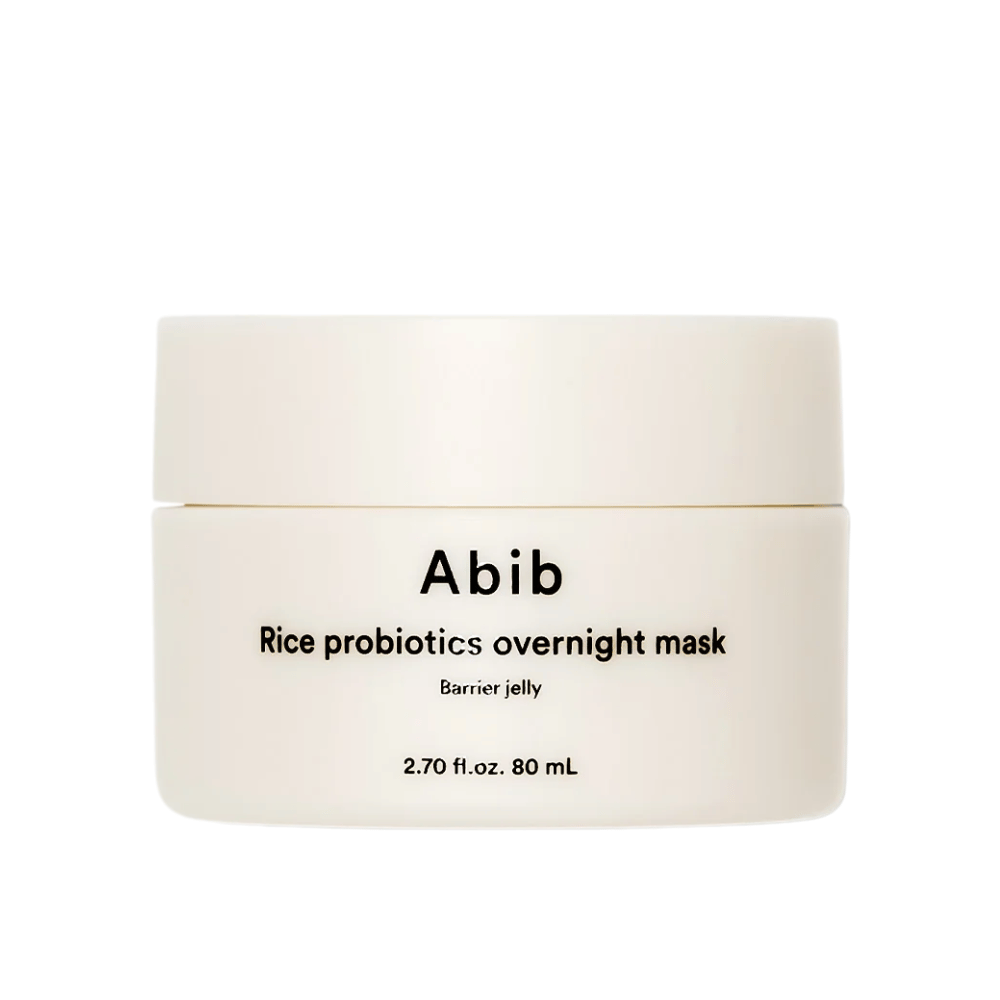 Εικόνα προϊόντος στο Abib Rice Probiotics Overnight Mask Barrier Jelly – ένα λευκό δοχείο με μαύρο κείμενο που περιέχει 80 ml νυχτερινή μάσκα για να ενισχύσει το δερματικό φράγμα και να ενυδατώσει το δέρμα.