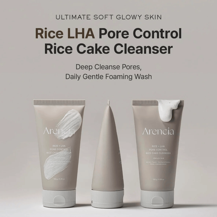 Παρουσίαση προϊόντος Arencia Rice + LHA Pore Control Rice Cake Cleanser από διάφορες γωνίες, καθημερινό αφρίζον καθαριστικό προσώπου για καθαρότερους πόρους και πιο ομοιόμορφη υφή δέρματος.