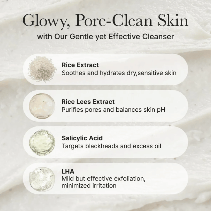 Επισκόπηση συστατικών για Arencia Rice + LHA Pore Control Rice Cake Cleanser με εκχύλισμα ρυζιού, rice lees extract, σαλικυλικό οξύ και LHA για καταπραϋντική, καθαριστική και εξισορροπητική δράση.