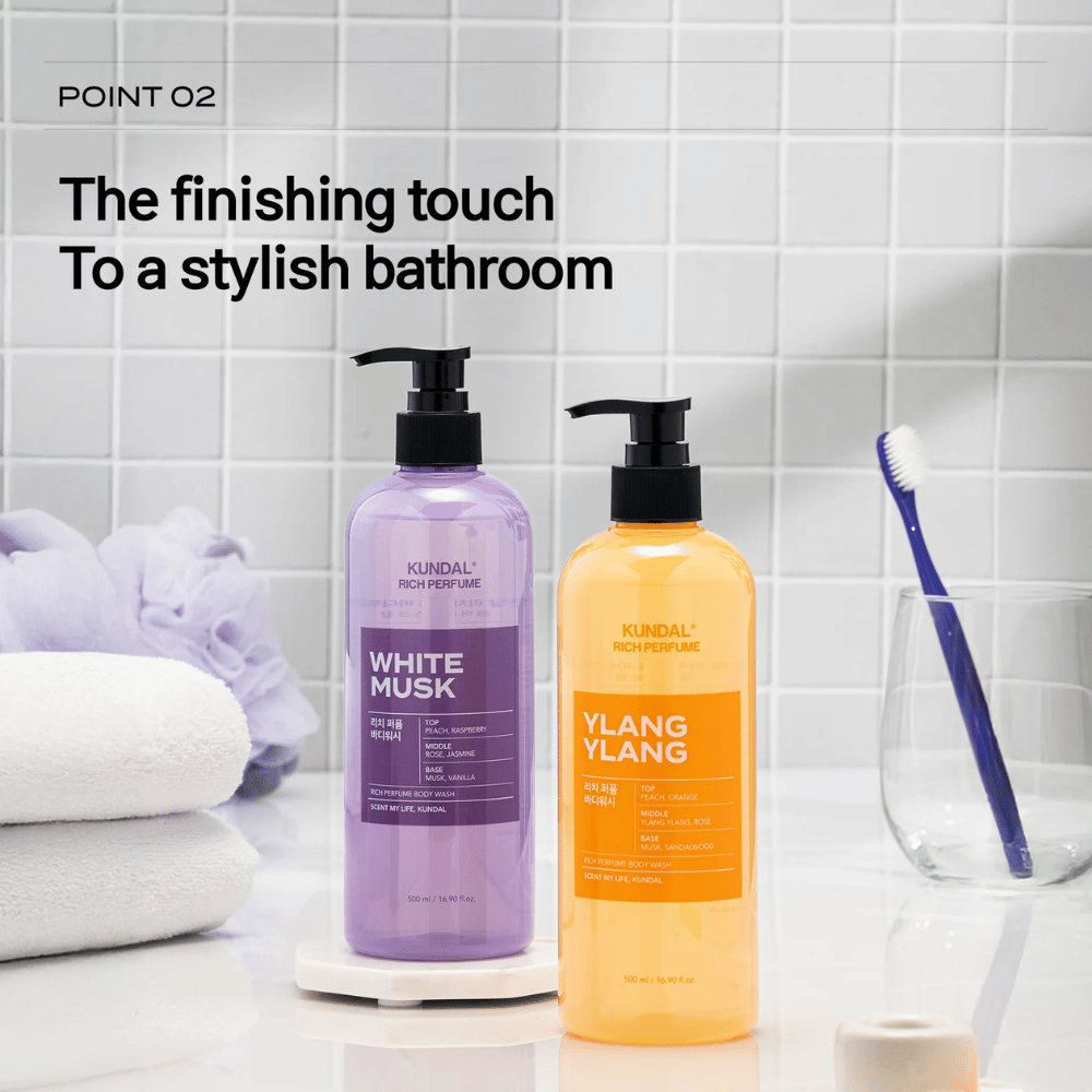 3. KUNDAL Rich Perfume Body Wash White Musk & Ylang Ylang – δύο αφρόλουτρα σε ένα κομψό περιβάλλον μπάνιου