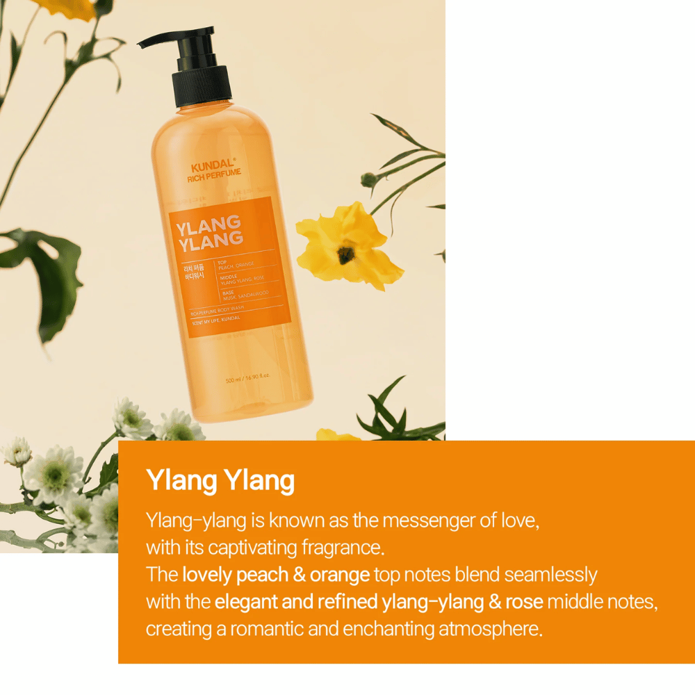 2. KUNDAL Rich Perfume Body Wash Ylang Ylang 500 ml – αφρόλουτρο με άρωμα ροδάκινου, πορτοκαλιού, ylang-ylang, τριαντάφυλλου, μόσχου και σανταλόξυλου