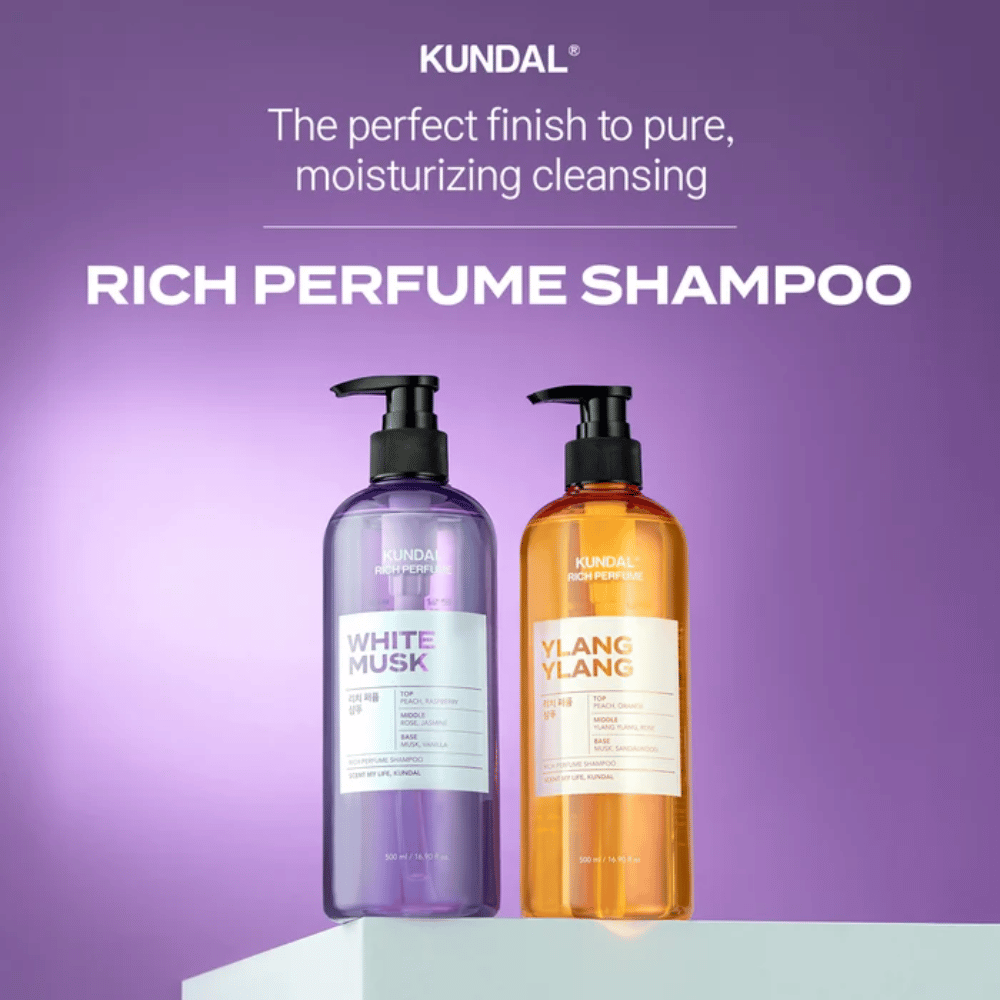 7. KUNDAL Rich Perfume Shampoo White Musk & Ylang Ylang 500 ml – καθαριστικό σαμπουάν με ενυδατικές ιδιότητες σε δύο αρωματικές εκδοχές