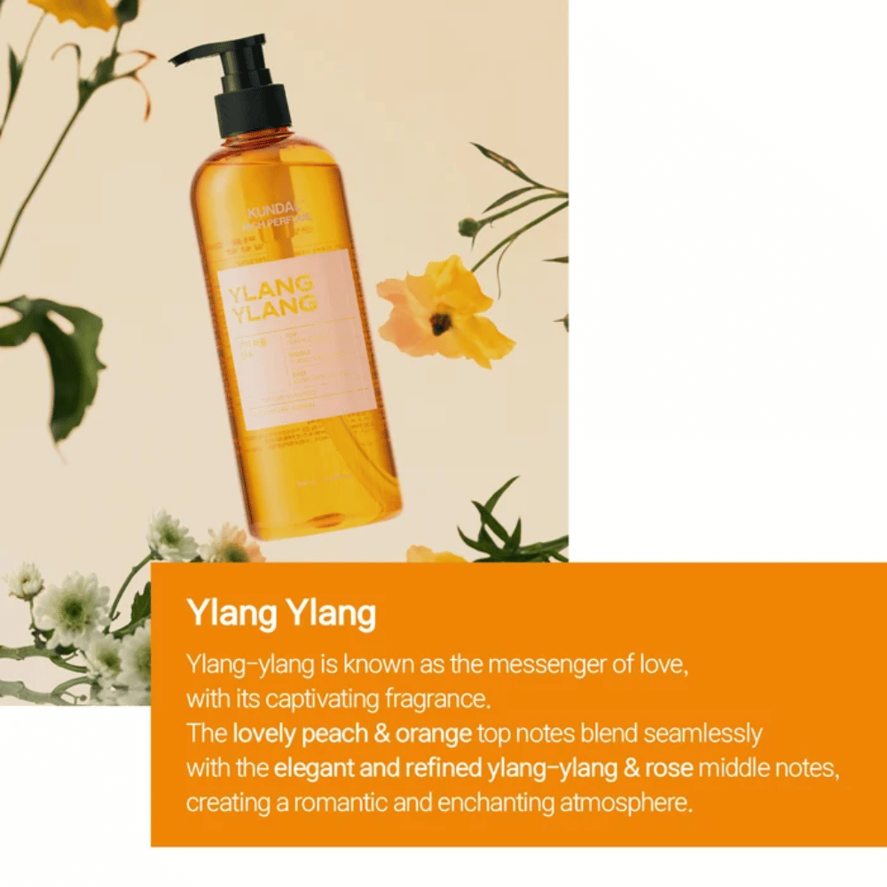 3. KUNDAL Rich Perfume Shampoo Ylang Ylang – πορτοκαλί μπουκάλι σαμπουάν με λουλουδένιο και φρουτώδες άρωμα