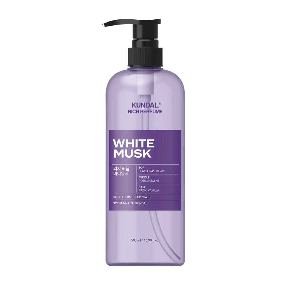 7. KUNDAL Rich Perfume Body Wash White Musk 500 ml – μωβ αφρόλουτρο με άρωμα ροδάκινου, βατόμουρου, τριαντάφυλλου, γιασεμιού, μόσχου και βανίλιας