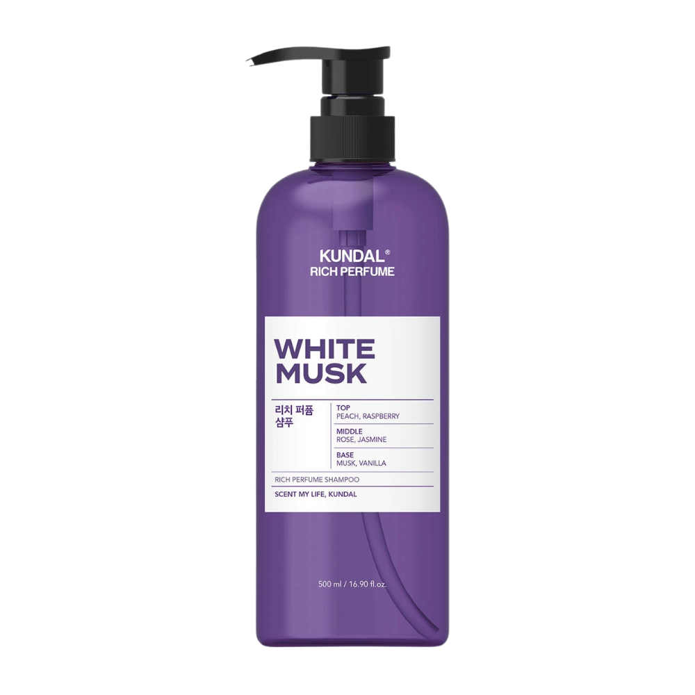 2. KUNDAL Rich Perfume Shampoo White Musk 500 ml – σαμπουάν με άρωμα ροδάκινου, βατόμουρου, τριαντάφυλλου, γιασεμιού, μόσχου και βανίλιας
