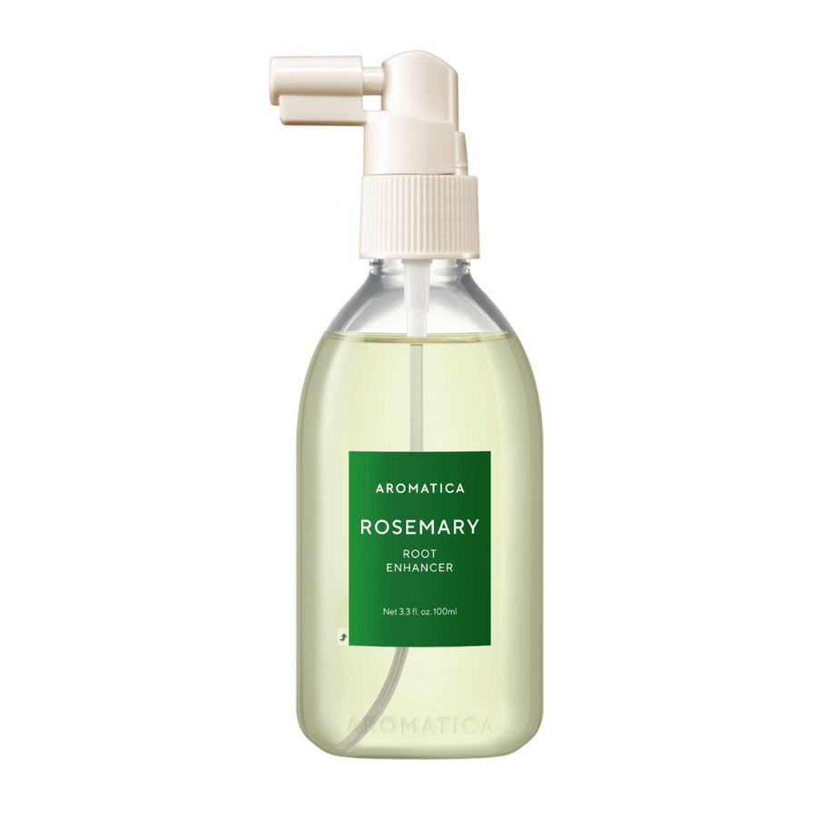 AROMATICA Rosemary Root Enhancer σε διαφανές μπουκάλι με πράσινη ετικέτα και πρακτικό ρύγχος εφαρμογής. Απομονωμένη εικόνα προϊόντος που δείχνει καθαρά το σχέδιο της συσκευασίας και το περιεχόμενο.