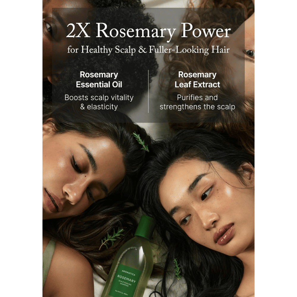AROMATICA Rosemary Scalp Scaling Shampoo με έλαιο δεντρολίβανου και εκχύλισμα δεντρολίβανου που ενδυναμώνουν το τριχωτό της κεφαλής, καθαρίζουν σε βάθος και προάγουν πιο πλούσια μαλλιά.