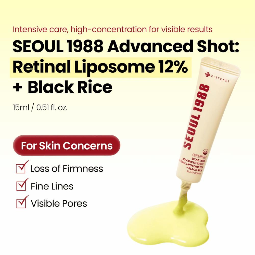 K-SECRET SEOUL 1988 Advanced Shot Retinal Liposome 12% + Black Rice 15 ml – εντατική θεραπεία retinal για λεπτές γραμμές, ορατούς πόρους και απώλεια σφριγηλότητας.