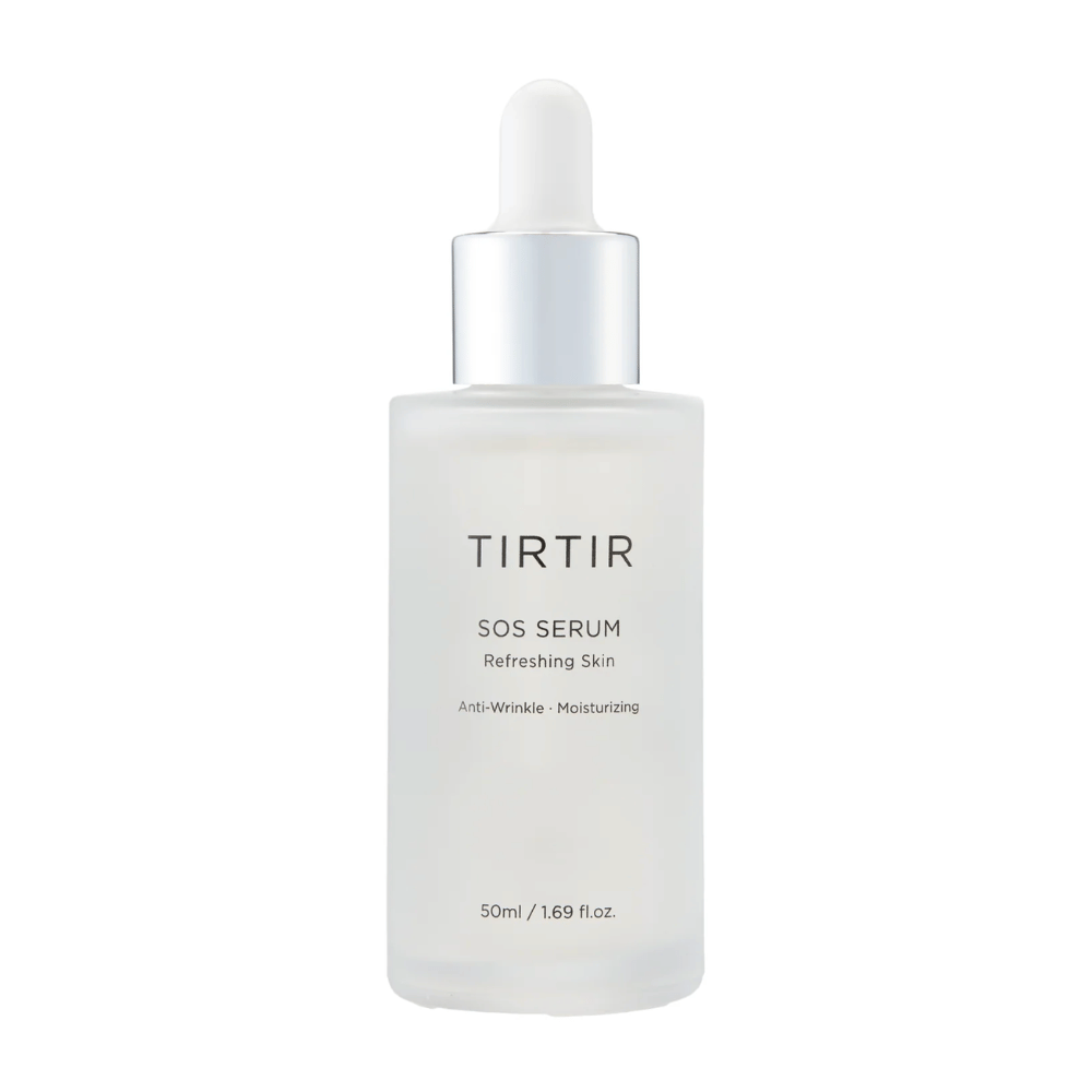 Μπουκάλι με TIRTIR SOS Serum, σχεδιασμένο για αναζωογονητική και ενυδατική φροντίδα δέρματος.