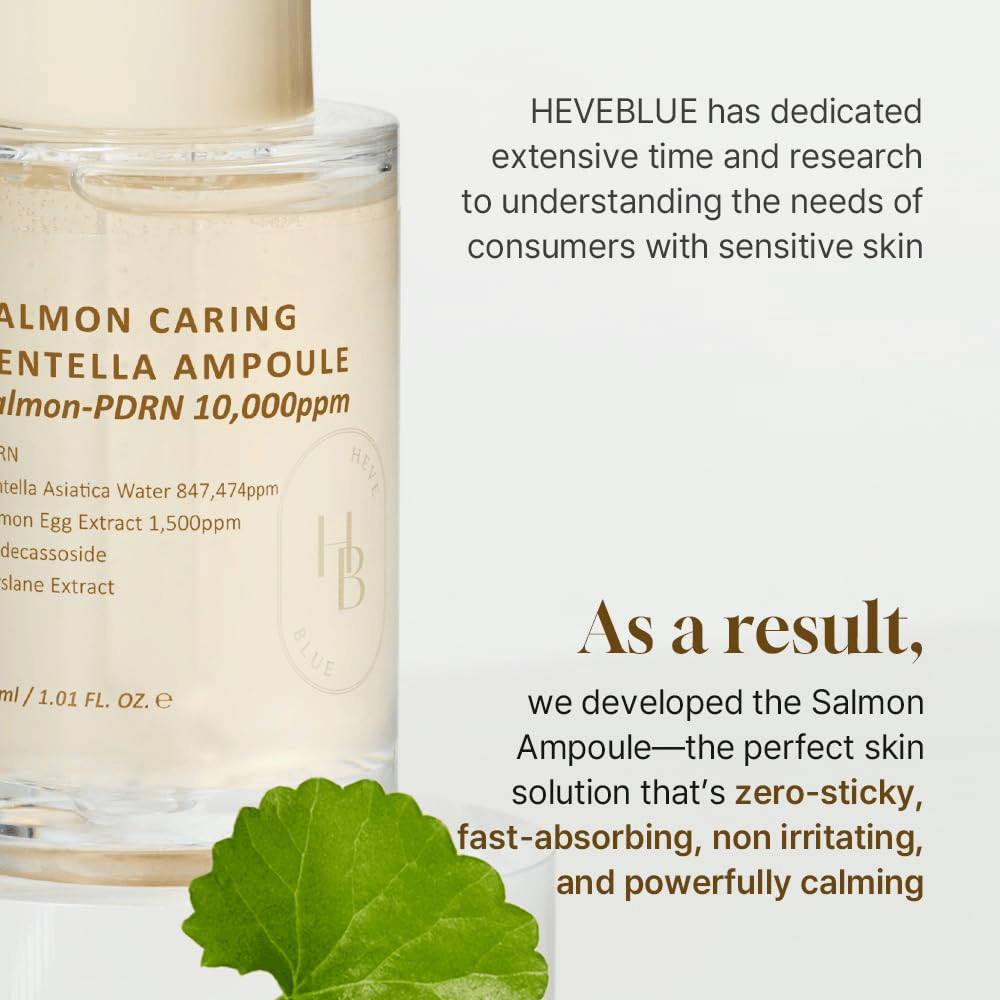 Heveblue Salmon Caring Centella Ampoule – γρήγορα απορροφητικός ορός PDRN με centella για ευαίσθητο δέρμα, καταπραΰνει τον ερεθισμό και αποκαθιστά το φράγμα του δέρματος