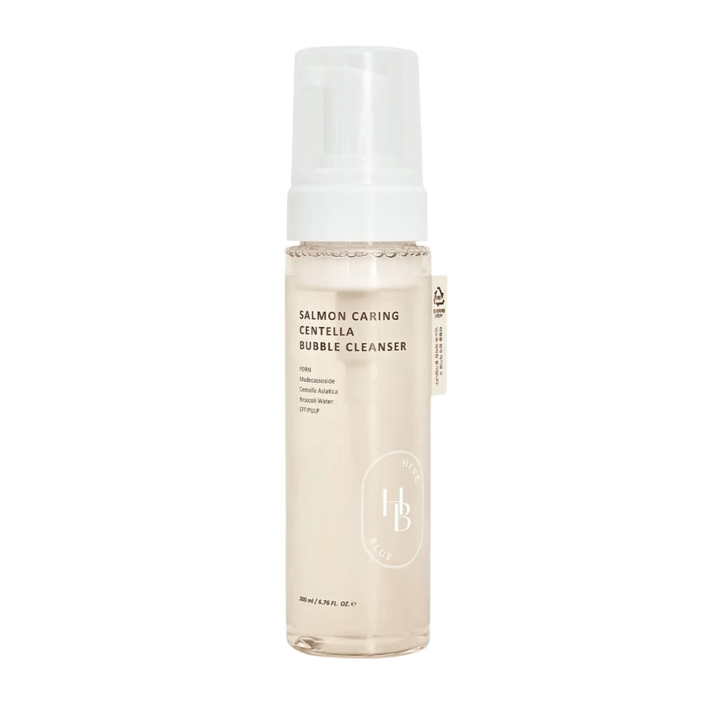 Heveblue Salmon Caring Centella Bubble Cleanser καθαρισμός προσώπου – κορεάτικος αφρός καθαρισμού με Centella Asiatica και PDRN που βοηθά στον καθαρισμό των πόρων, την καταπράυνση του δέρματος και την ενυδάτωση.