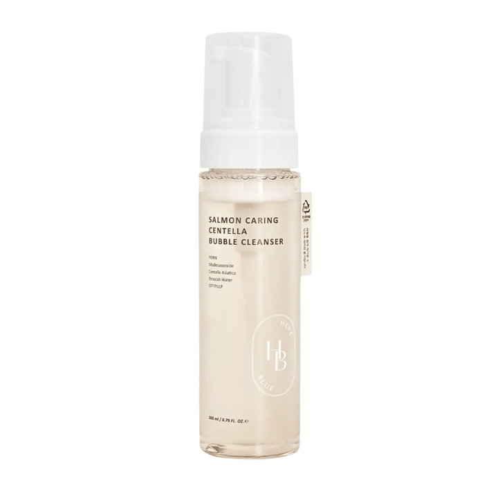 Heveblue Salmon Caring Centella Bubble Cleanser καθαρισμός προσώπου – κορεάτικος αφρός καθαρισμού με Centella Asiatica και PDRN που βοηθά στον καθαρισμό των πόρων, την καταπράυνση του δέρματος και την ενυδάτωση.