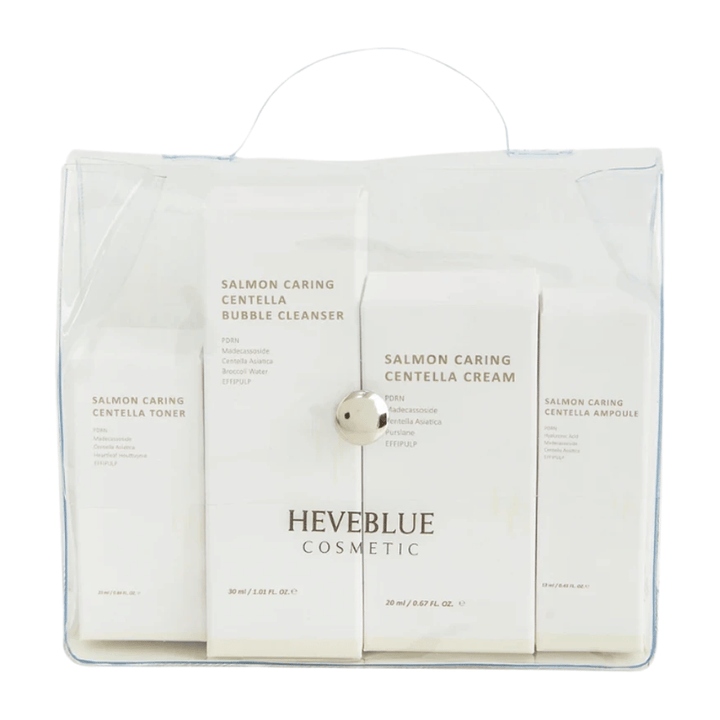 Heveblue Salmon Caring Centella Special Travel Kit σετ περιποίησης δέρματος – κορεατική ρουτίνα περιποίησης δέρματος με τόνερ, καθαριστικό με φυσαλίδες, κρέμα και αμπούλα με Centella Asiatica και PDRN.