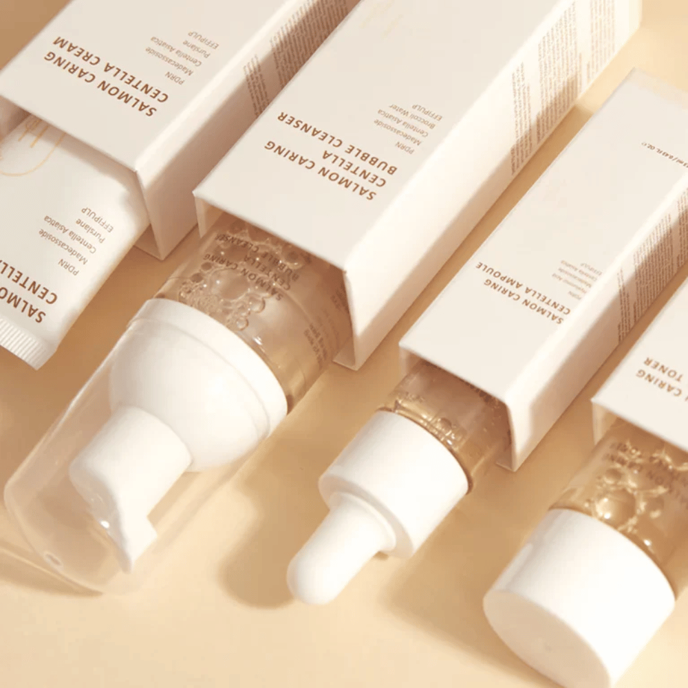 Heveblue Salmon Caring Centella Travel Kit σετ περιποίησης δέρματος – κορεατικά προϊόντα περιποίησης δέρματος με Centella Asiatica και PDRN που βοηθούν στην ενυδάτωση, την καταπράυνση του δέρματος και την ενίσχυση του δερματικού φραγμού.