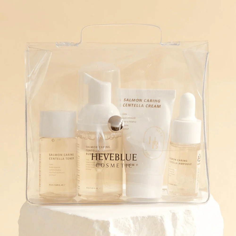 Heveblue Salmon Caring Centella Special Travel Kit – κορεατικό σετ περιποίησης δέρματος με τόνερ, καθαριστικό με φυσαλίδες, κρέμα και αμπούλα με Centella Asiatica και PDRN από σολομό σε πρακτική συσκευασία ταξιδιού.