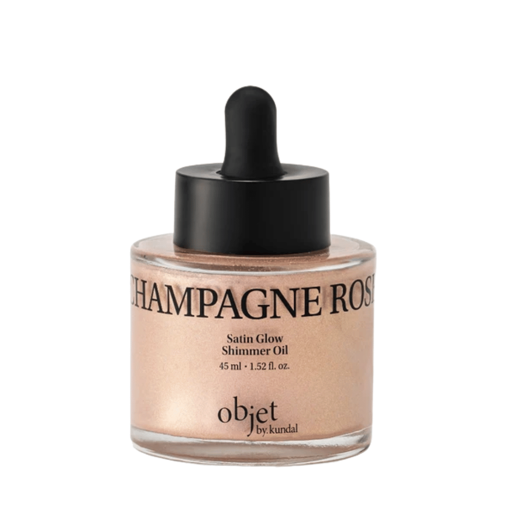 Objet by KUNDAL Satin Glow Shimmer Oil Champagne Rose 45 ml – λάδι σώματος που χαρίζει λάμψη με διακριτικό ροζ χρυσαφί λαμπερό φινίρισμα.