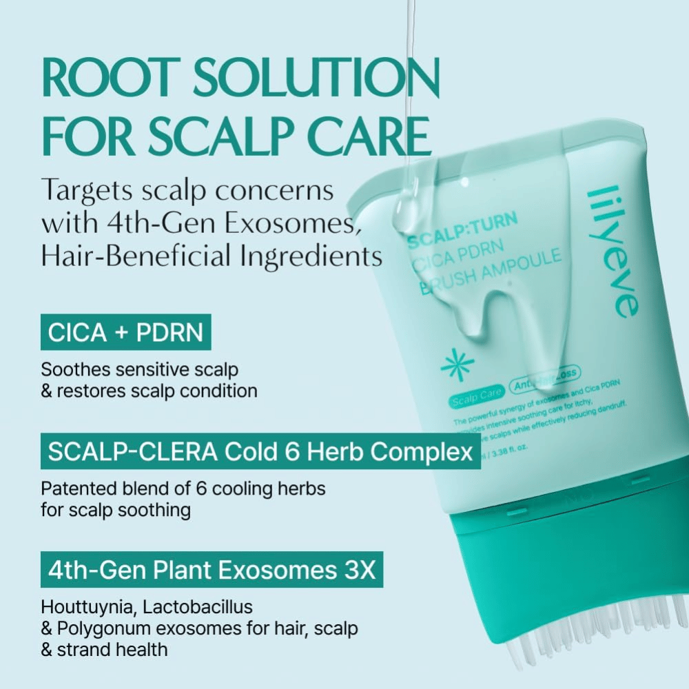 Εικόνα προϊόντος του LILYEVE Scalp:Turn Cica PDRN Brush Ampoule με περιγραφή των βασικών συστατικών. Η εικόνα αναδεικνύει το CICA, το PDRN, το δροσιστικό σύμπλεγμα βοτάνων και τα φυτικής προέλευσης εξωσώματα που βοηθούν να καταπραΰνουν και να περιποιούνται το ευαίσθητο τριχωτό της κεφαλής.