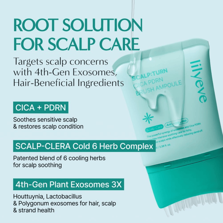 Εικόνα προϊόντος του LILYEVE Scalp:Turn Cica PDRN Brush Ampoule με περιγραφή των βασικών συστατικών. Η εικόνα αναδεικνύει το CICA, το PDRN, το δροσιστικό σύμπλεγμα βοτάνων και τα φυτικής προέλευσης εξωσώματα που βοηθούν να καταπραΰνουν και να περιποιούνται το ευαίσθητο τριχωτό της κεφαλής.